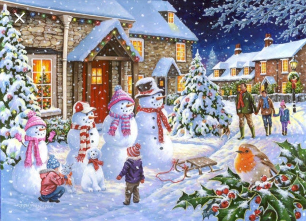 A snowy Christmas Card with a house, snowman, kids and family